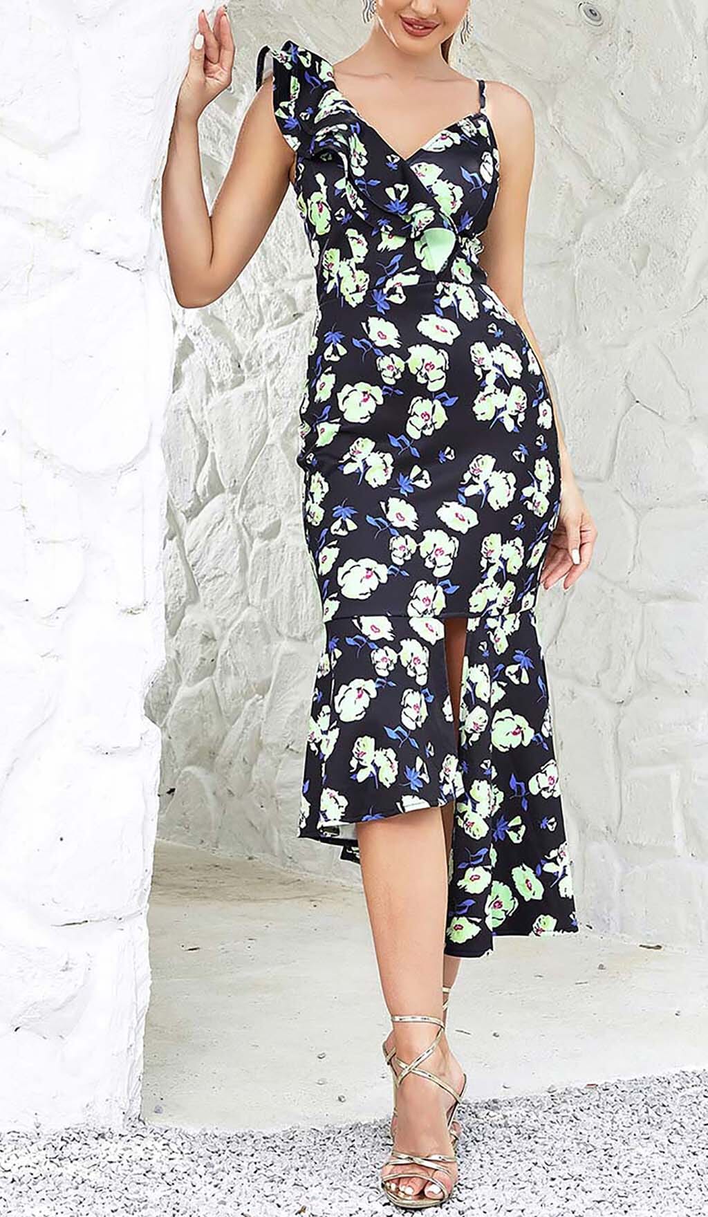 FLORAL PRINT RUFFLES MIDI DRESS