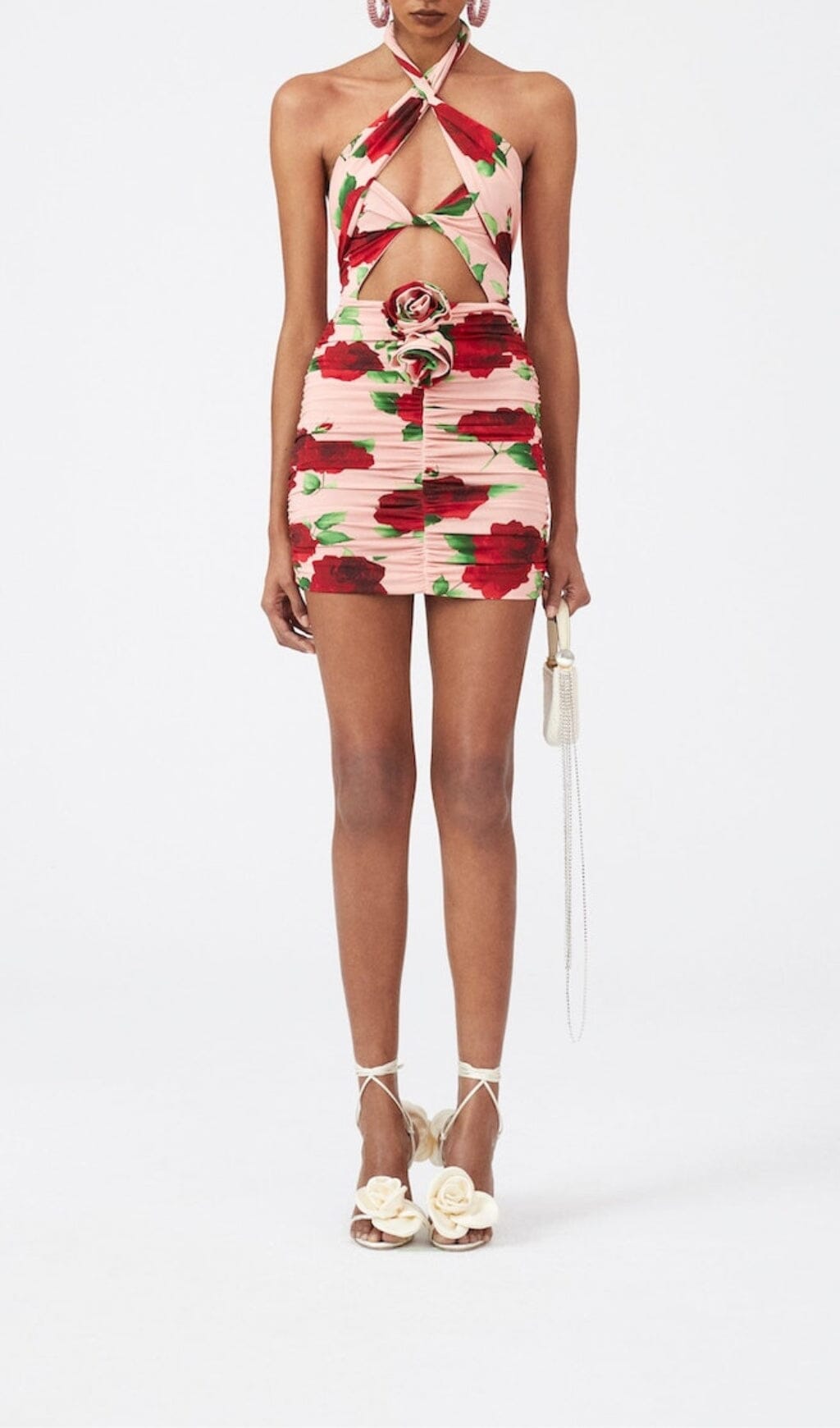 FLORAL- PRINT HALTER MINI DRESS IN CHERRY BLOSSOM