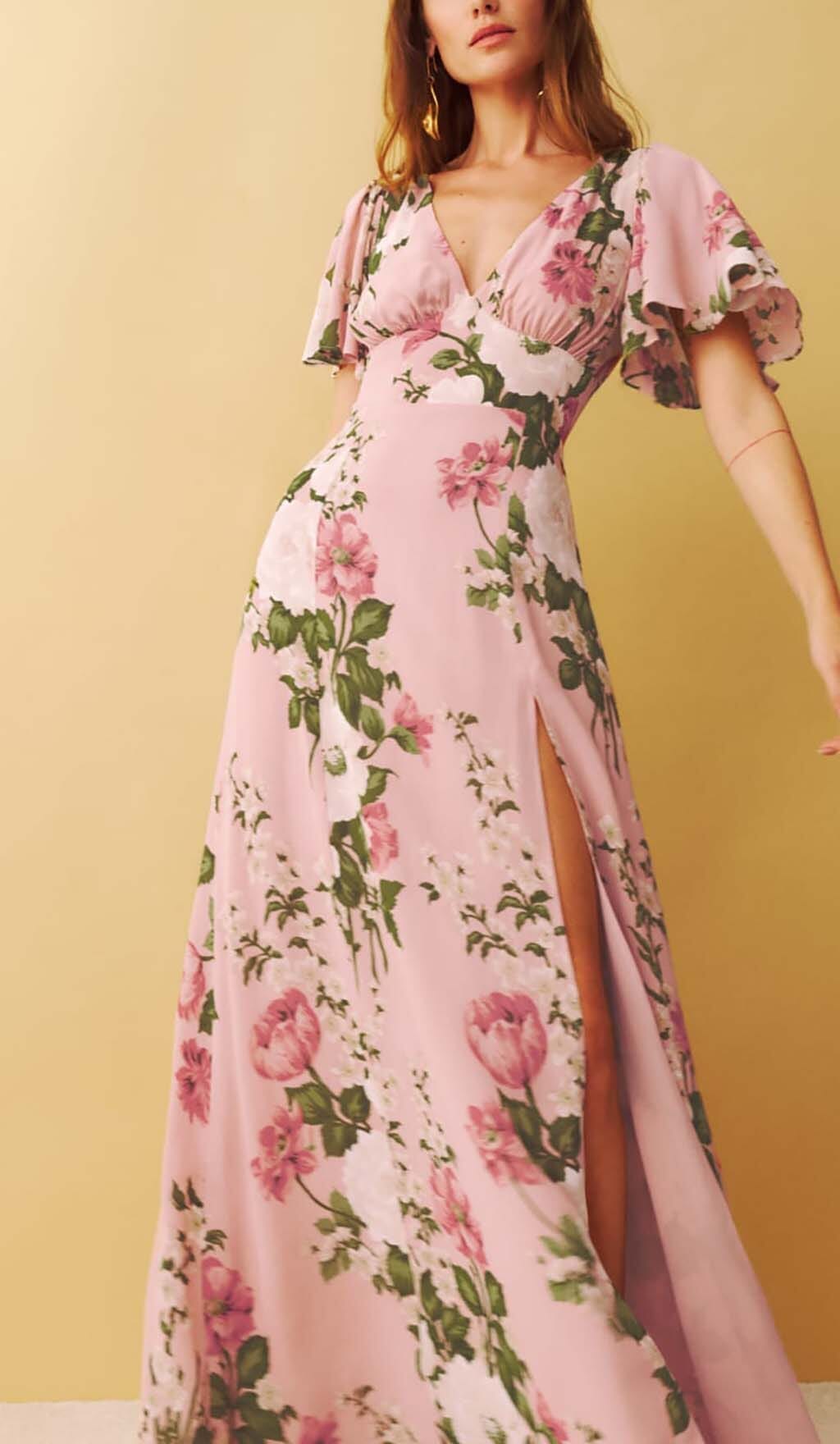 FLORAL-PRINT V NECK MAXI DRESS IN PINK