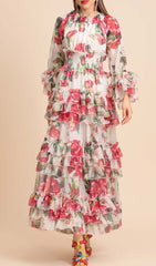 FLORAL TIERED MIDI DRESS IN PINK