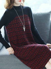 Abstract Paneled Long Sleeve Knitted Dress