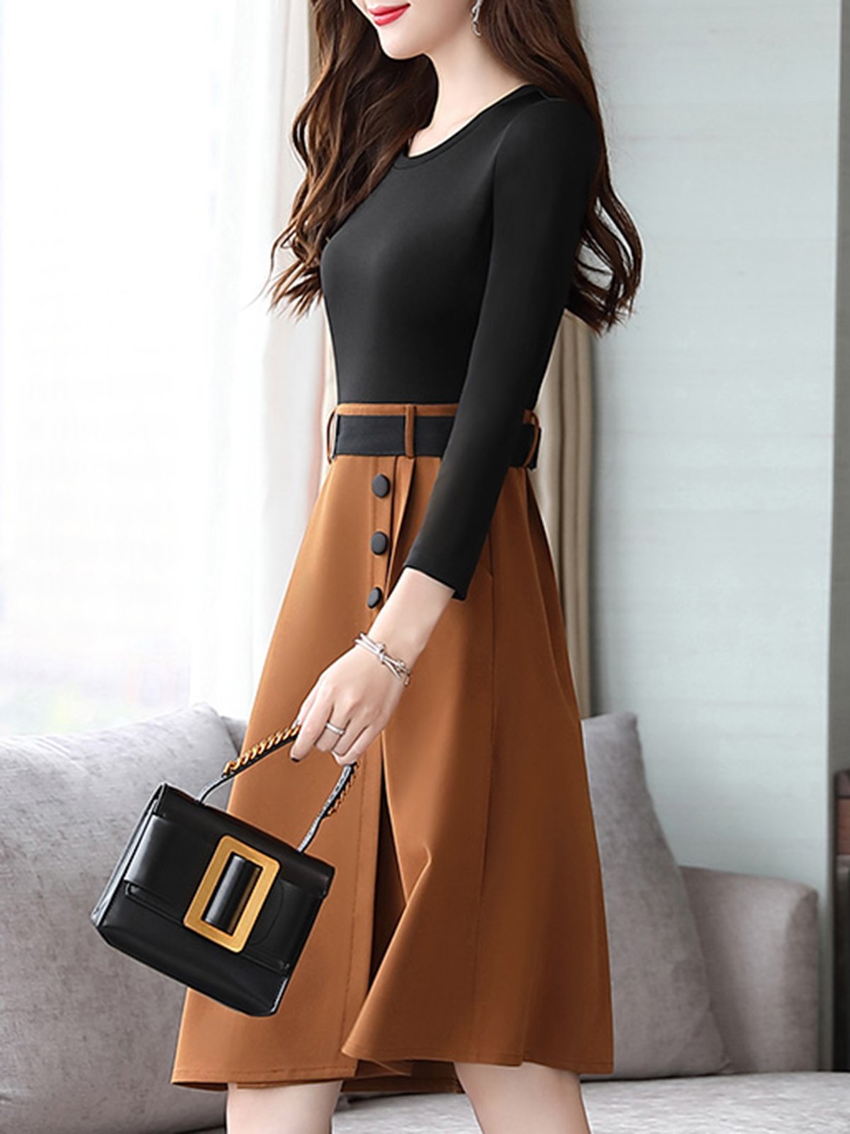 Asymmetric Buttoned Long Sleeve Two Pieces Dress