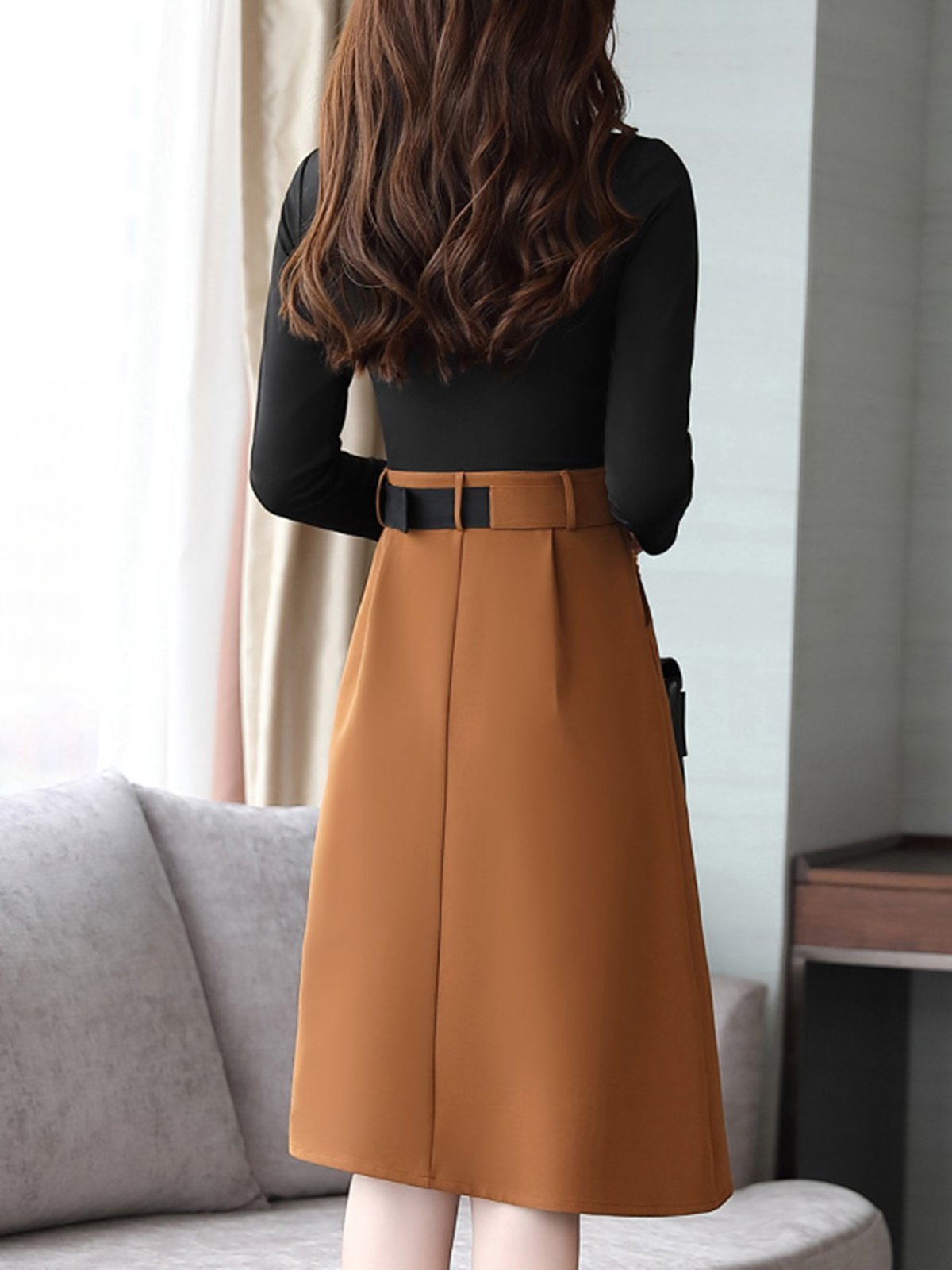 Asymmetric Buttoned Long Sleeve Two Pieces Dress