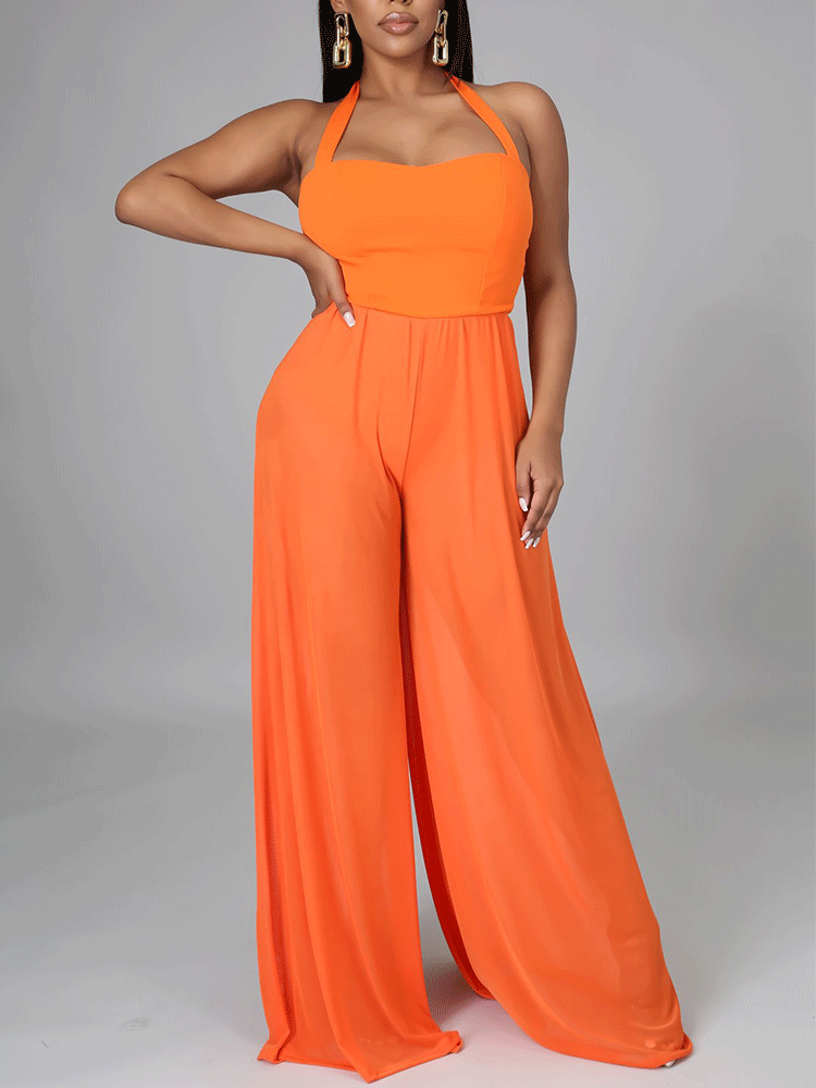 Halter Wide Leg Mesh Jumpsuit