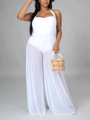 Halter Wide Leg Mesh Jumpsuit