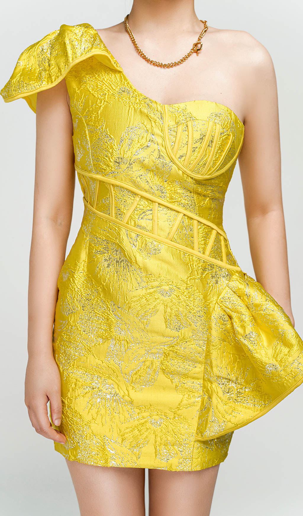 JACQUARD ONE SHOULDER MINI DRESS IN YELLOW