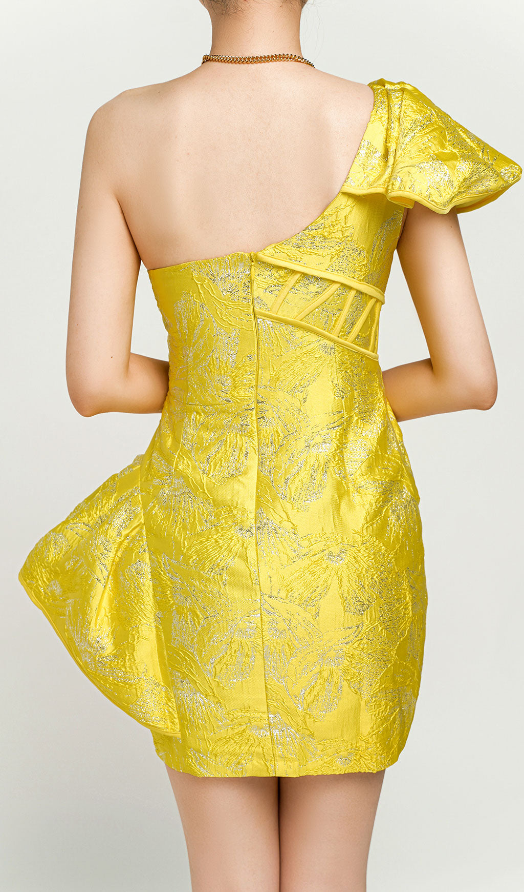 JACQUARD ONE SHOULDER MINI DRESS IN YELLOW