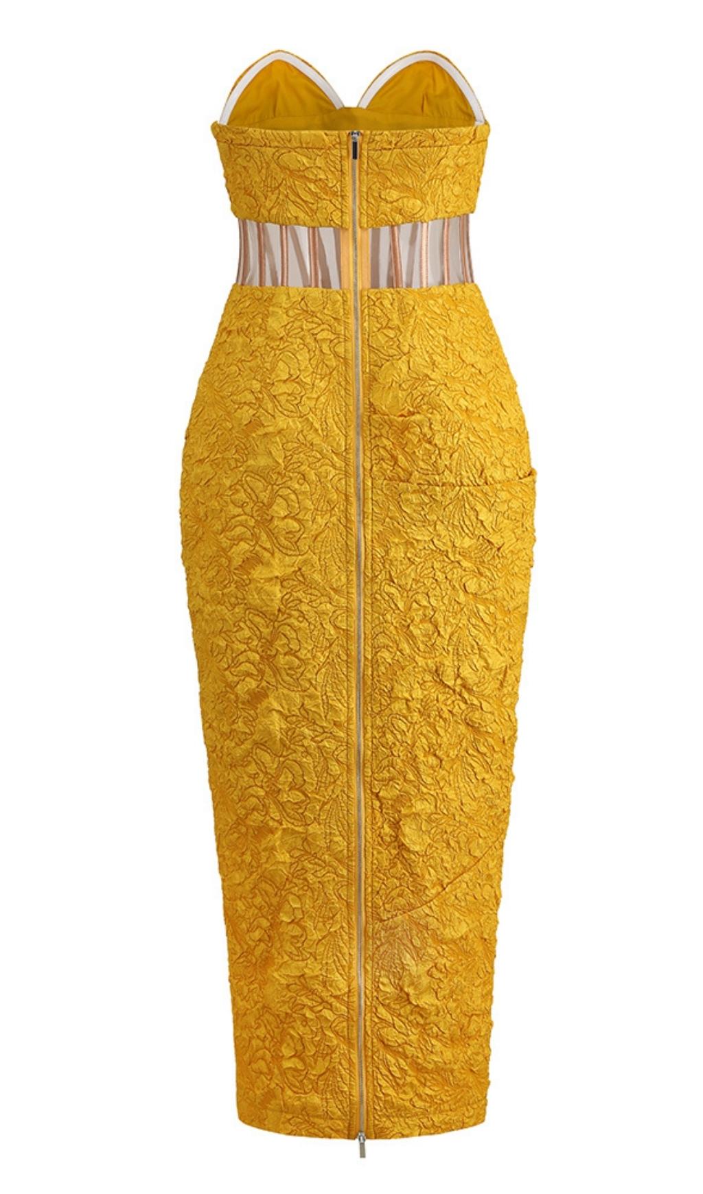 JACQUARD STRAPLESS MIDI DRESS IN YELLOW