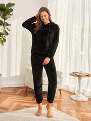 Soild Plush Pocket Hooded With Pants Lounge Set