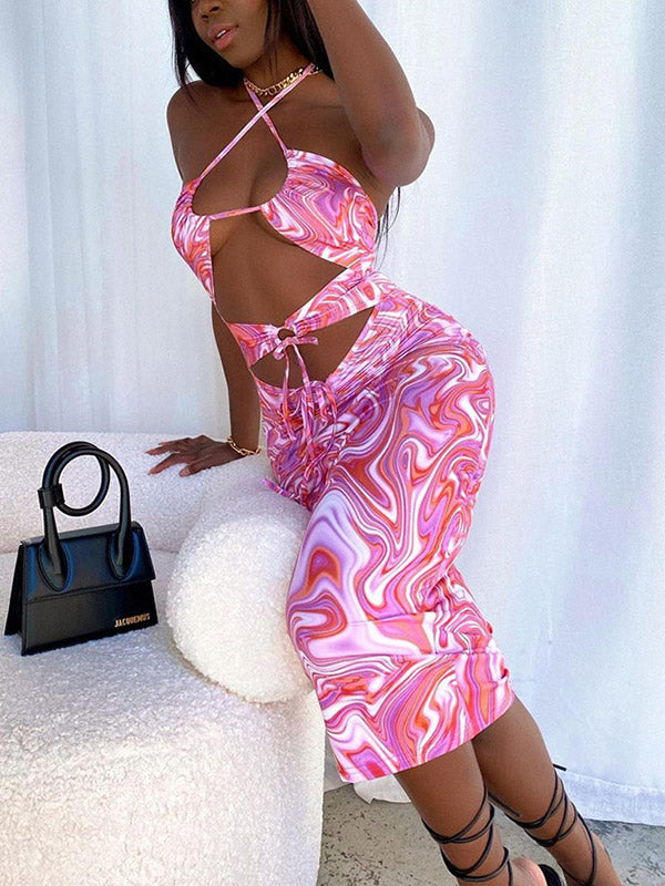 Drawstring Cutout Swirl Halter Midi Dress