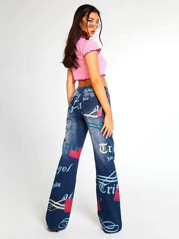 Graffiti Printed Wide Leg Jeans