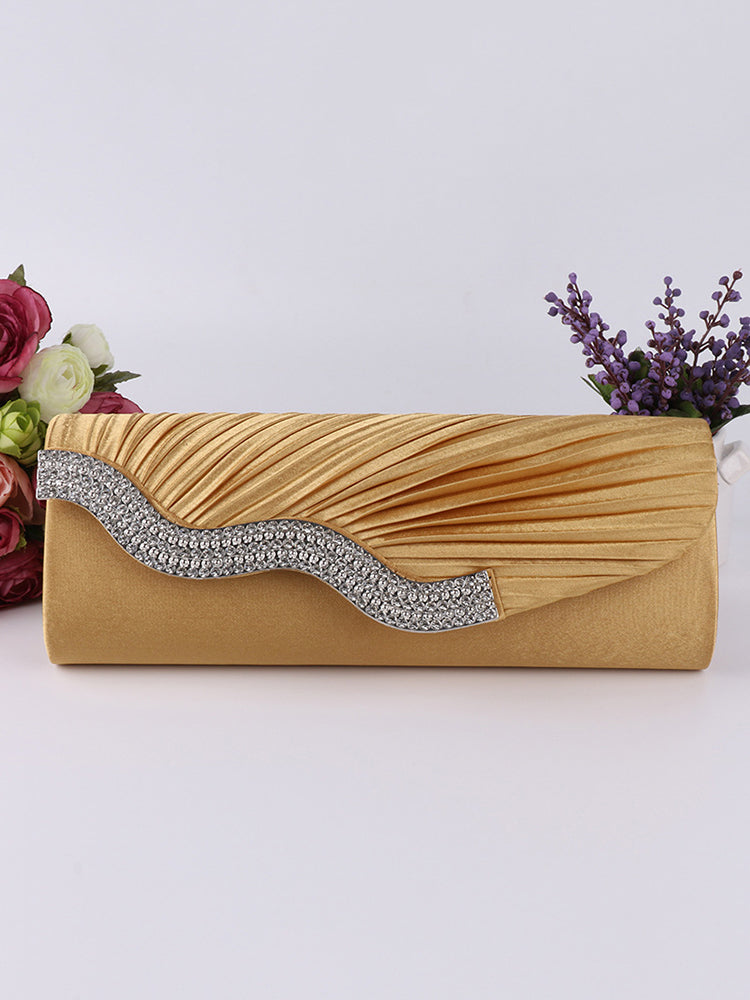 Solid Rhinestone Pleated Handbag Clutch