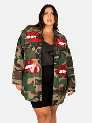 Camo Sequin Red Lip Jacket Coat