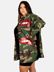 Camo Sequin Red Lip Jacket Coat