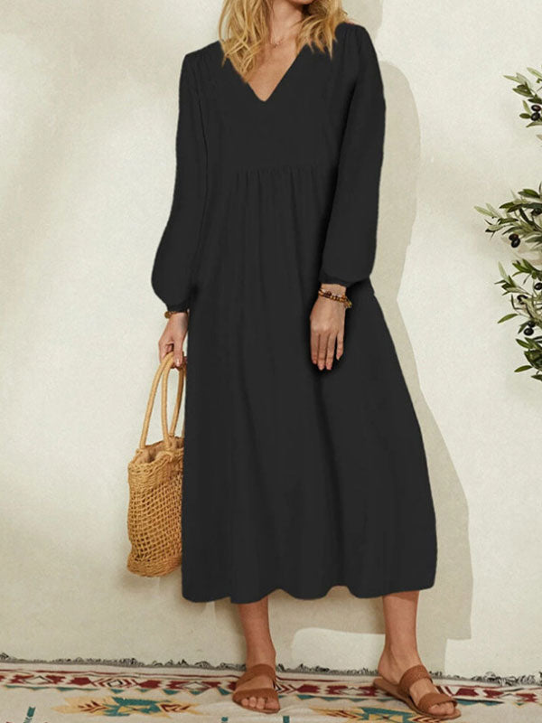 V Neck Lantern Sleeve Maxi Dress