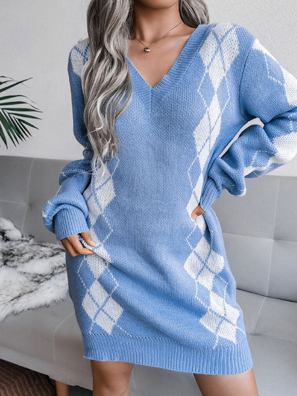 Argyle Long Sleeve Knit Midi Dress