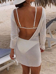 White Backless Long Sleeve Cover Up Dress