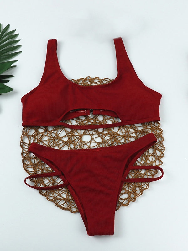 Solid Color Cutout Ribbed Bikini Set