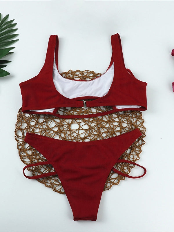 Solid Color Cutout Ribbed Bikini Set