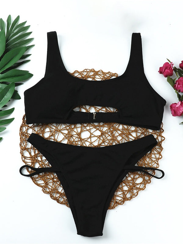 Solid Color Cutout Ribbed Bikini Set