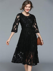 3/4 Sleeves Lace Hollow Midi Dress