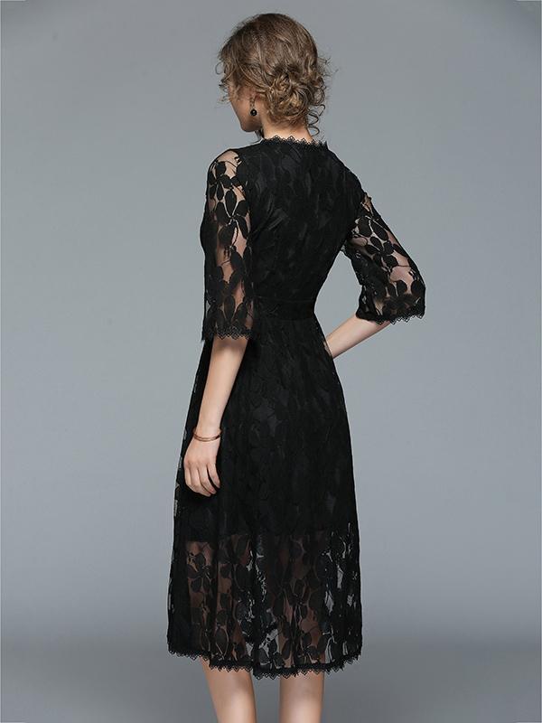 3/4 Sleeves Lace Hollow Midi Dress