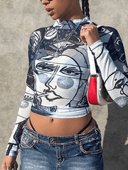 Abstract Face Mesh Long Sleeve Crop Top