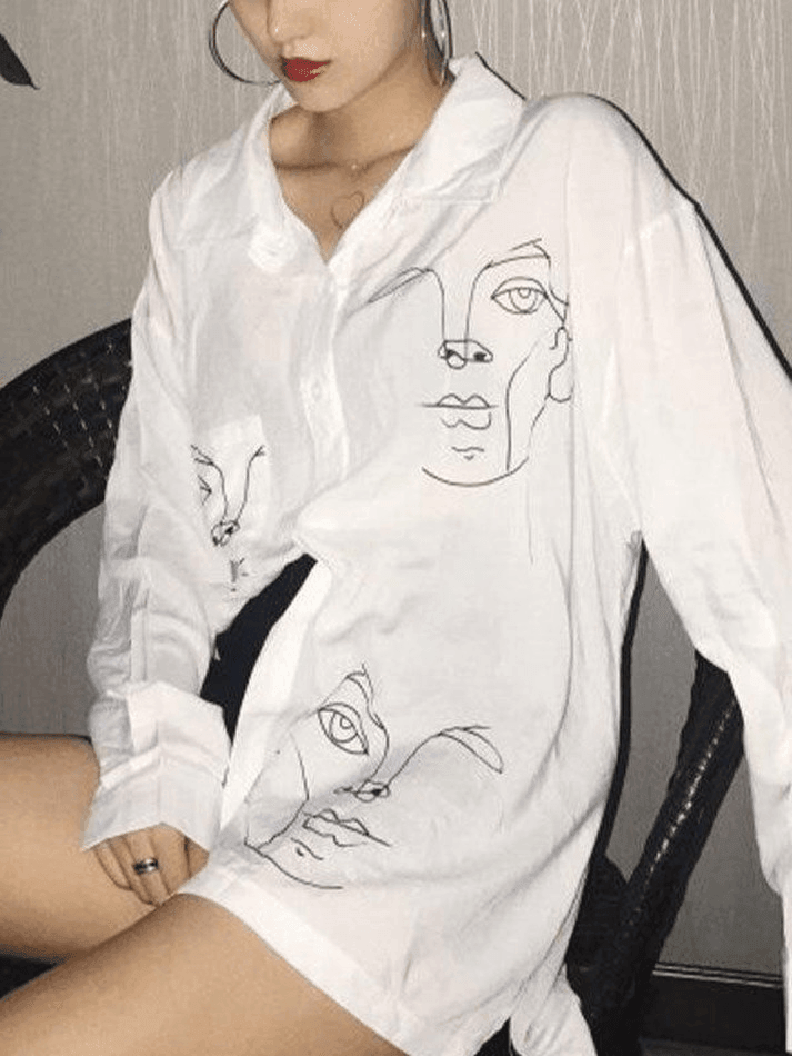 Abstract Face Print Long Sleeve Blouse