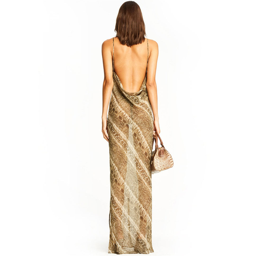 Animal Print Cowl Sheer Chiffon Slit Slip Maxi Dress - Snake