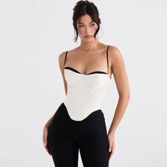 Contrast Sweetheart Satin Sleeveless Corset Crop Top - White