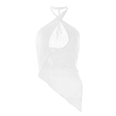 Mesh Cut Out Sleeveless Wrap Halter Top - White