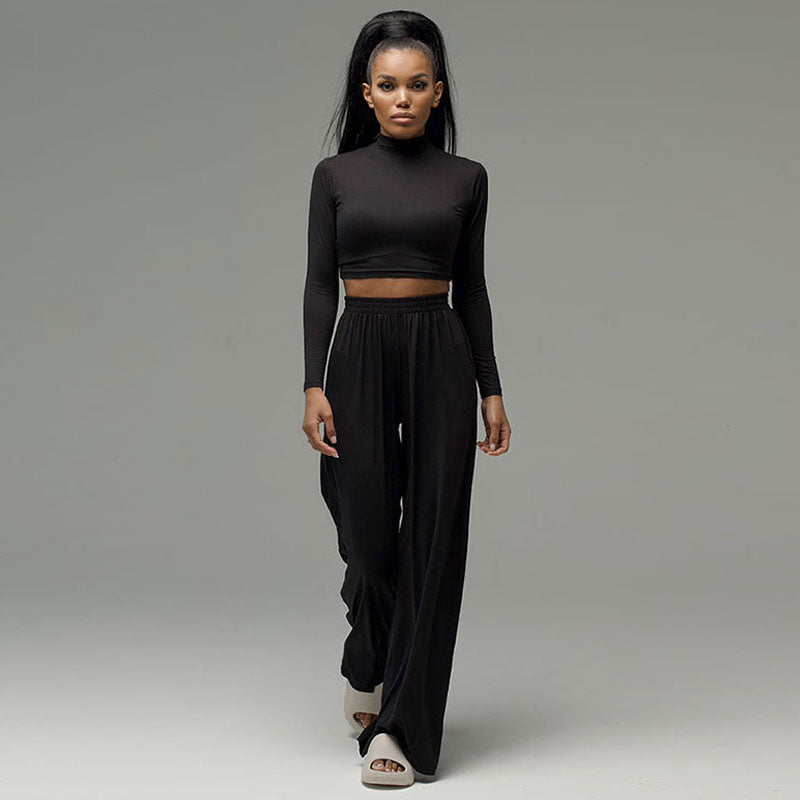 Athleisure Solid Long Sleeve Crop Top Wide Leg Pants Matching Set - Black