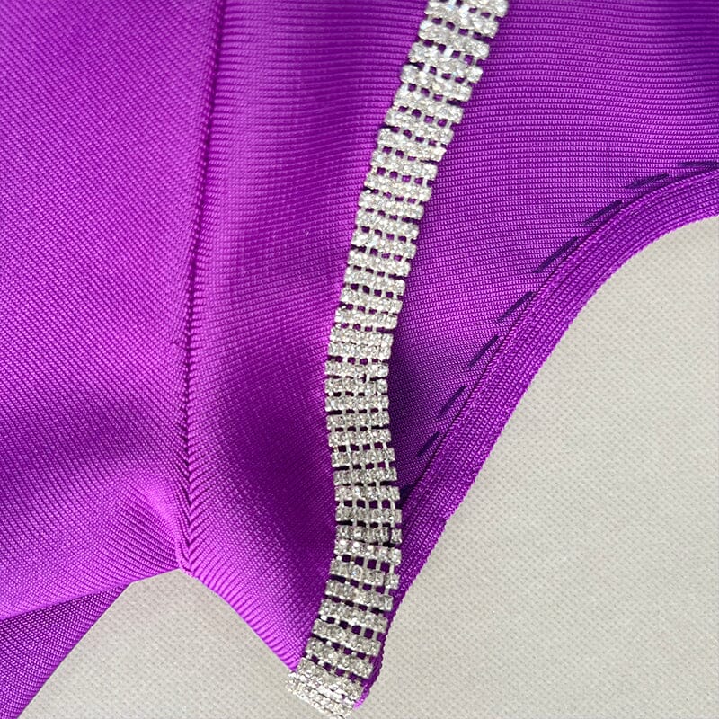 BANDAGE TWO PIECE DIAMOND ENCRUSTED RUFFLE SEXY MINI DRESS IN PURPLE