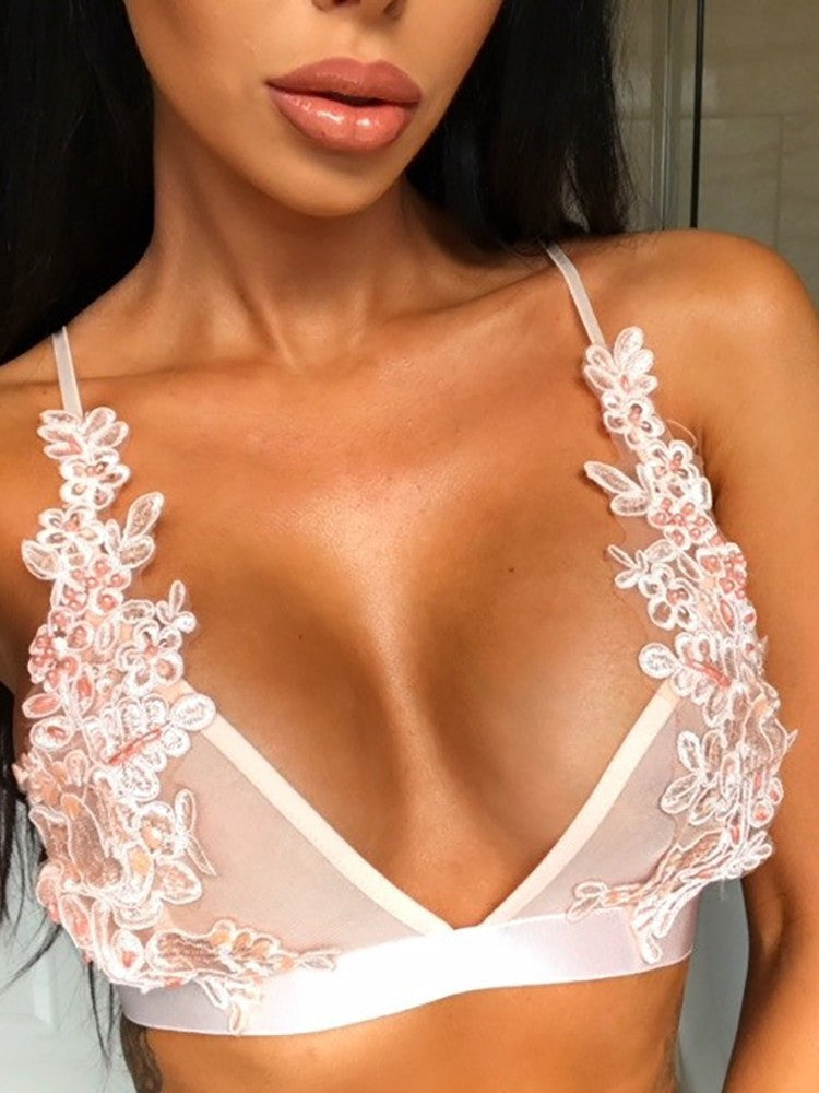 Low Cut Spaghetti Strap Embroidered Bralette Bra Top