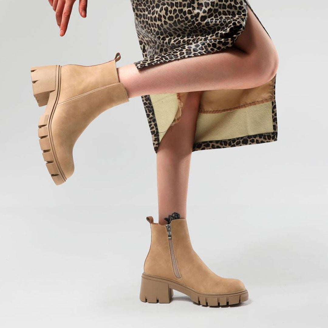 Chelsea Style Lug Sole Block Heel Ankle Boots - Khaki