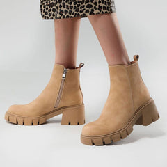 Chelsea Style Lug Sole Block Heel Ankle Boots - Khaki