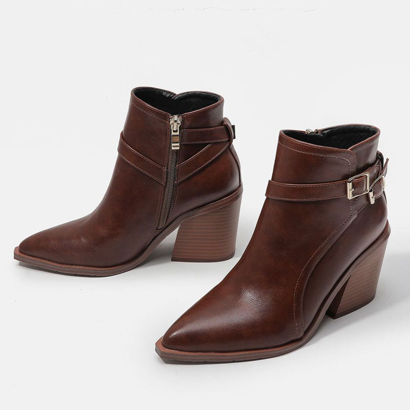 Chelsea Style Pointed Toe Buckle Strap Block Heel Ankle Boots - Dark Brown