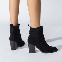 Pointed Toe Block Heel Suede Ankle Boots - Black