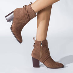 Pointed Toe Block Heel Suede Ankle Boots - Brown