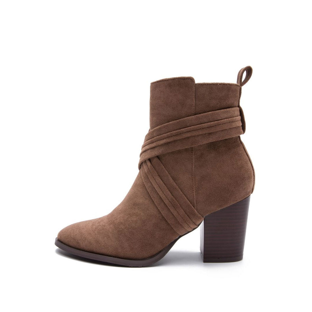 Pointed Toe Block Heel Suede Ankle Boots - Brown