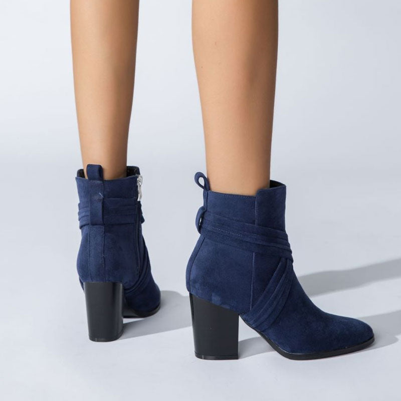 Pointed Toe Block Heel Suede Ankle Boots - Navy Blue