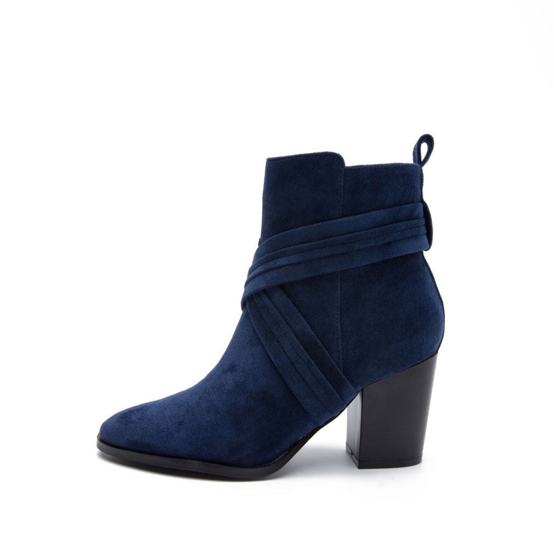 Pointed Toe Block Heel Suede Ankle Boots - Navy Blue