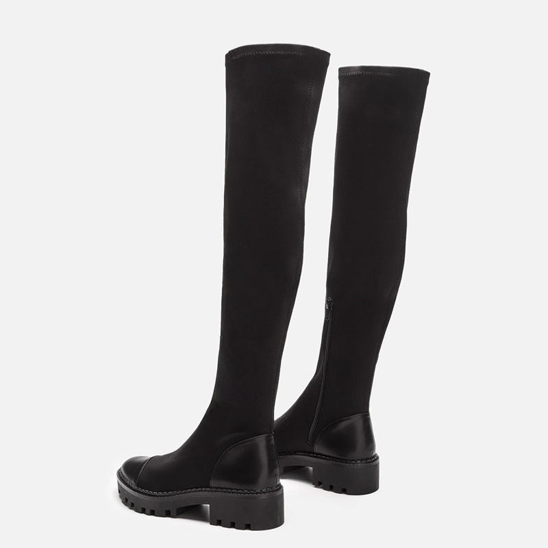 Panel Trim Lug Sole Over The Knee Boots - Black