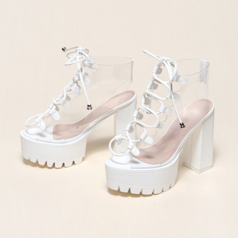 Lace Up Peep Toe Lug Sole Chunky High Heel Platform Boots - White