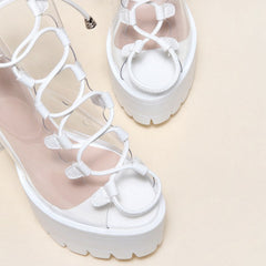 Lace Up Peep Toe Lug Sole Chunky High Heel Platform Boots - White