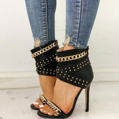 Studs Trim Chain Strap High Heeled Cut Out Sandals - Black