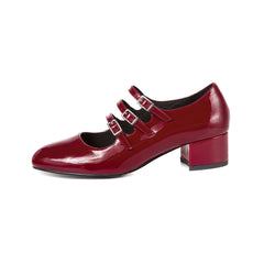 Classic Buckle Strap Patent Block Heel Mary Jane Pumps - Burgundy