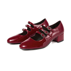 Classic Buckle Strap Patent Block Heel Mary Jane Pumps - Burgundy