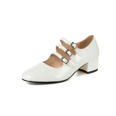 Classic Buckle Strap Patent Block Heel Mary Jane Pumps - White