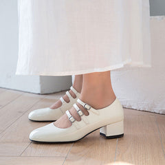 Classic Buckle Strap Patent Block Heel Mary Jane Pumps - White